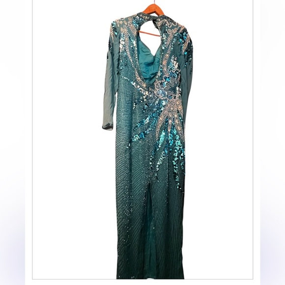 Demetrios Designs Turquoise 80s 90 Beaded Evening Gown Sz M Long Sleeve Cut Out - Picture 3 of 11